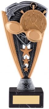 Swimming trophy with bronze medal and laurel wreath design against black radiating backdrop, featuring decorative bronze side panels and black base with gold engraving plate