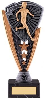 Female runner trophy with bronze silhouette figure against black and bronze wing design, featuring three stars and gold engraving plaque on black base