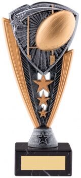 Rugby trophy with detailed golden rugby ball centerpiece against black and bronze wing design, featuring silver stars and gold engraving plaque on black base