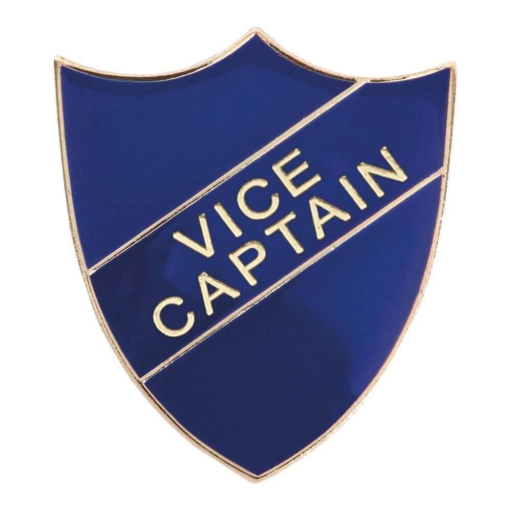Blue vice captain badge with shield design featuring deep blue enamel background, decorative gold-tone border and raised gold lettering reading VICE CAPTAIN on diagonal banner