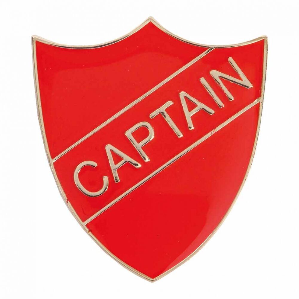 Red enamel captain badge with gold raised lettering on traditional shield shape, featuring secure pin back for attachment to uniforms