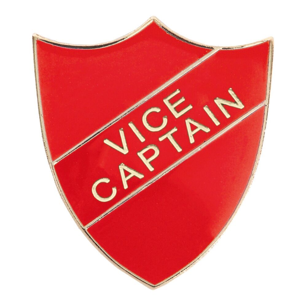 Red enamel vice captain badge displaying gold raised lettering on shield-shaped design with secure pin fastening for uniform attachment