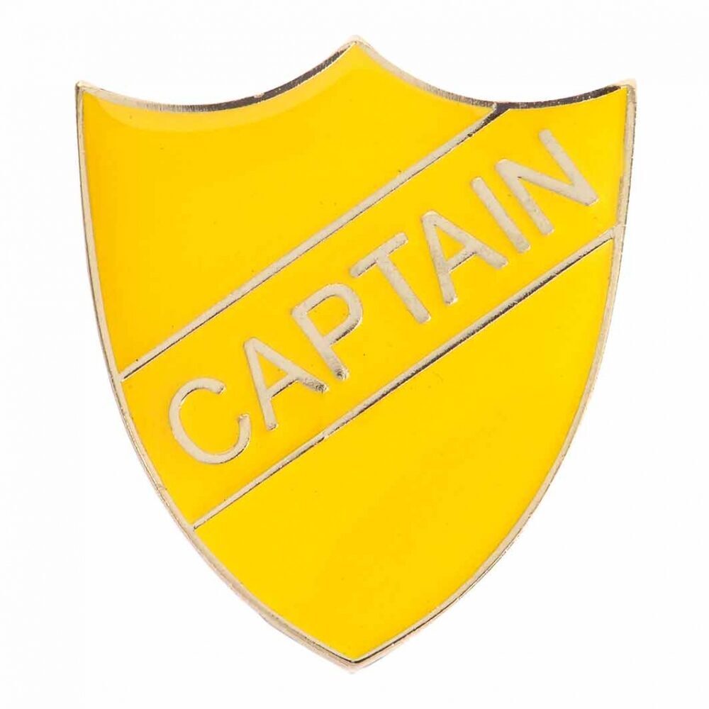 Bright yellow shield-shaped enamel badge displaying 'CAPTAIN' in raised silver lettering, with polished metal border and secure pin fastening for leadership recognition