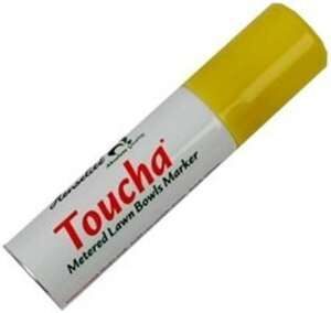 Toucha lawn bowls marker spray with bright yellow cap and white body showing professional branding on white background
