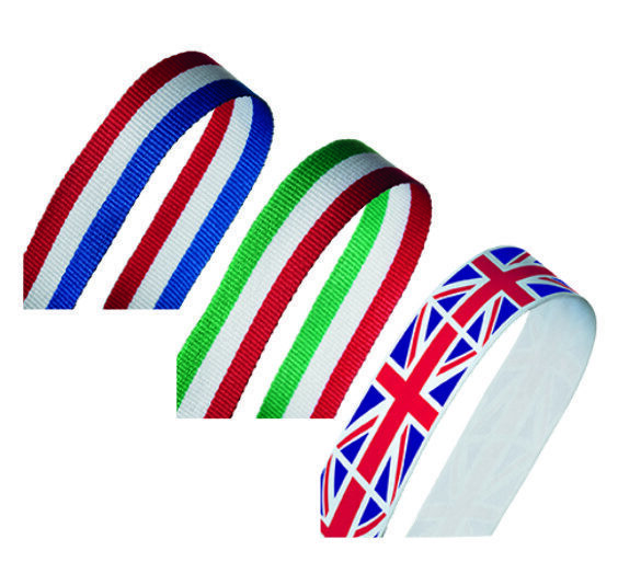 Collection of medal ribbons showing Union Jack design and traditional sporting colour combinations in red, white, blue and green patterns