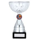 Silver trophy cup with diamond-cut bowl, basketball centre and black marble base – A0105A