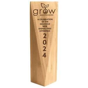 Elegant bamboo wooden tower award with angled design showing natural wood grain finish and grow logo engraving on light background