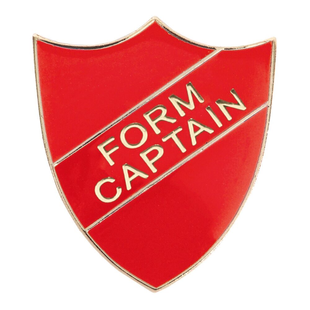 Red shield-shaped badge with white diagonal line and the words "FORM CAPTAIN" in white text.