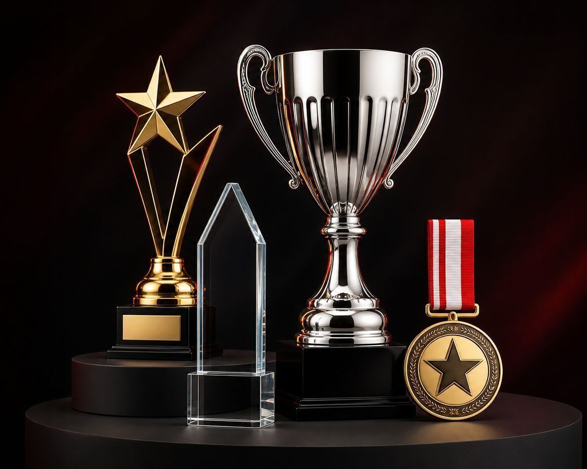 Selection of TrophyMan trophies, a glass award and a medal