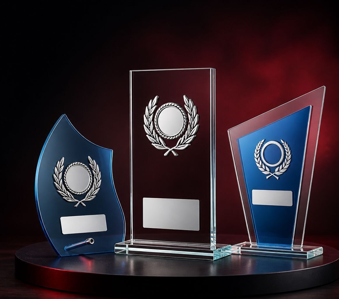 Three premium corporate glass awards displayed on a dark red studio plinth