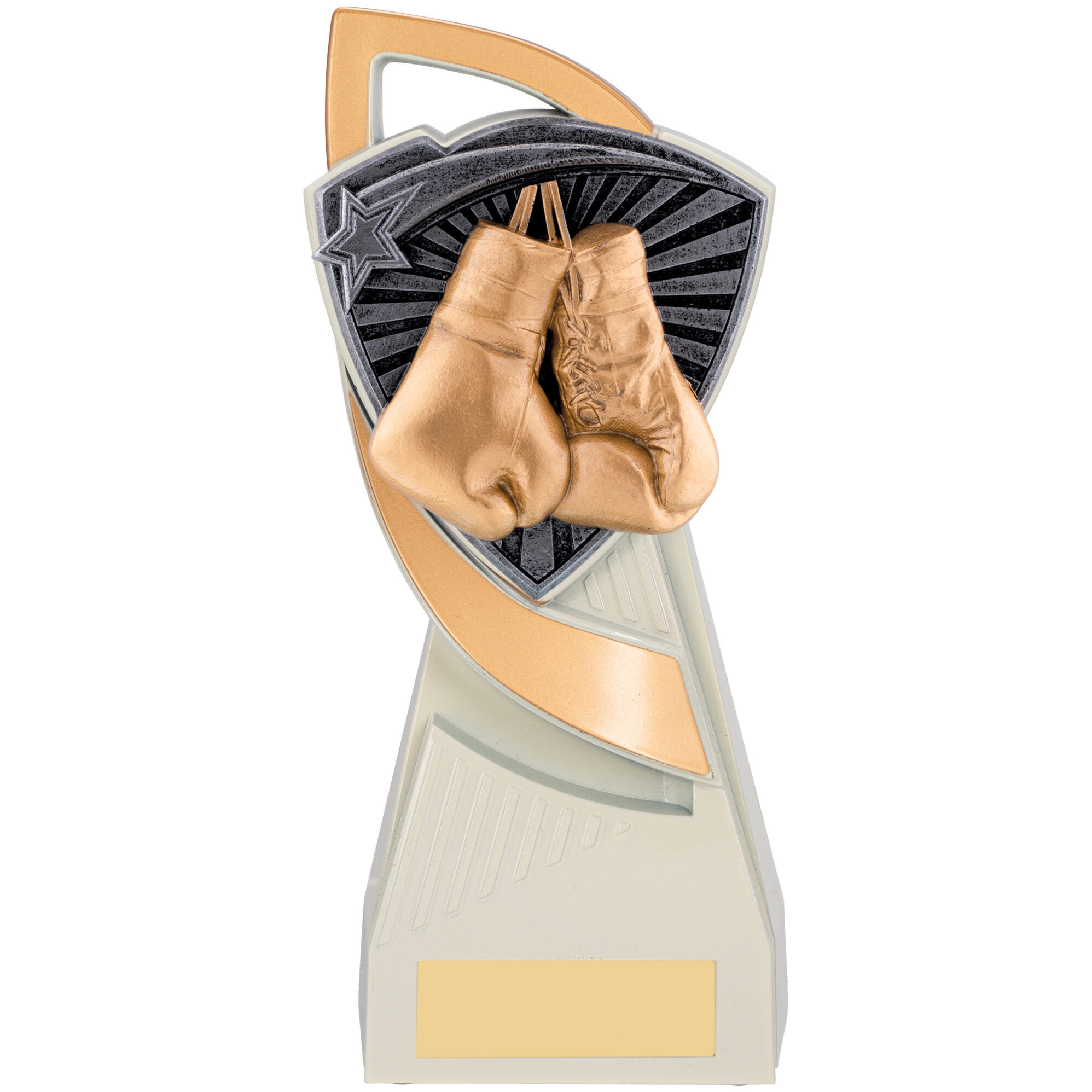 Boxing trophy with detailed golden boxing gloves mounted on grey and gold geometric base featuring star burst pattern and engraving plate